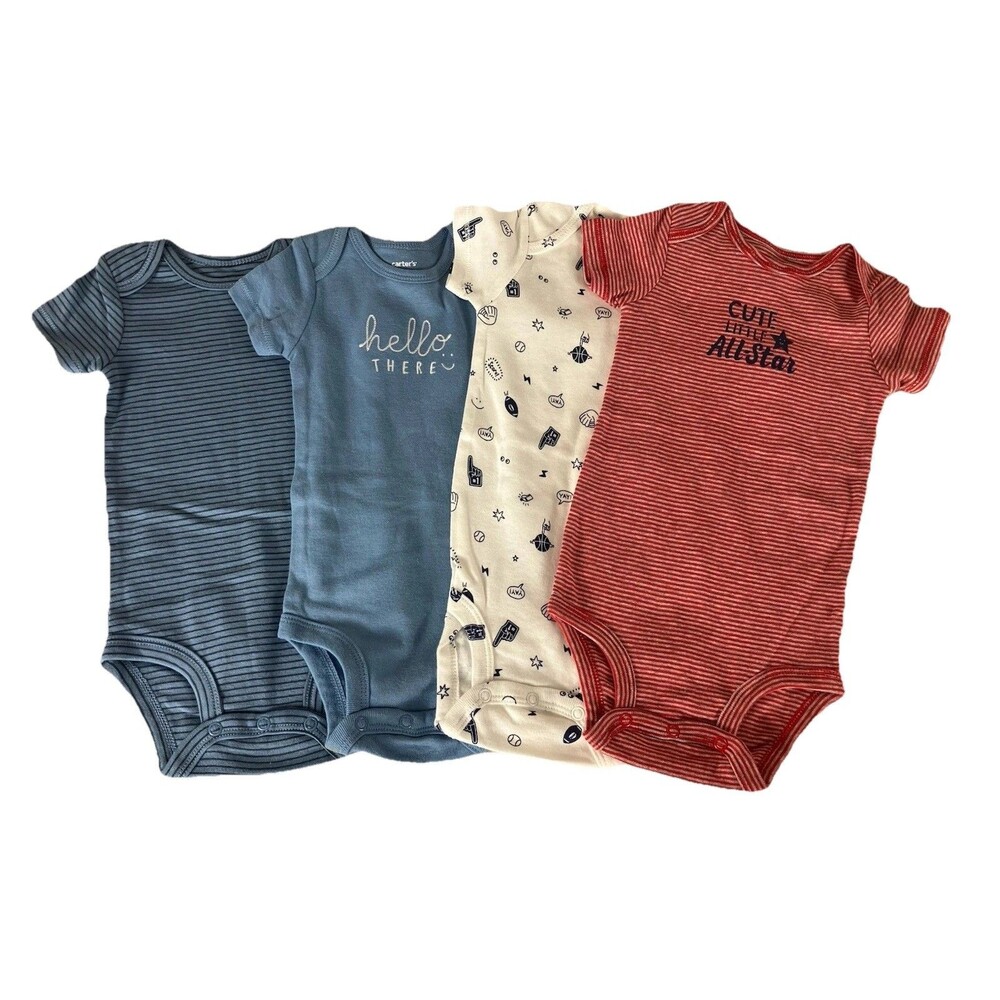 Carter’s Baby Boy Bodysuits 12M Lot of 4 – Cute Sayings & Stripes